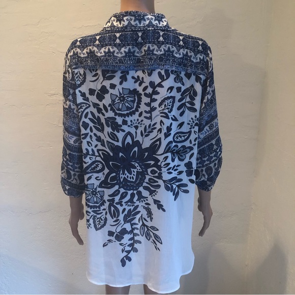 One World Women’s Size L White/Blue Paisley Floral Chiffon Blouse 3/4 Sleeves - Picture 2 of 16